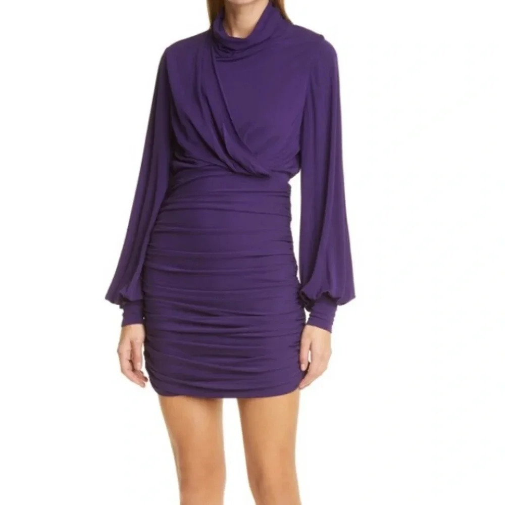 Ronny Kobo Harper Ruched Mini Dress with Balloon Sleeves Purple Eggplant S NWT